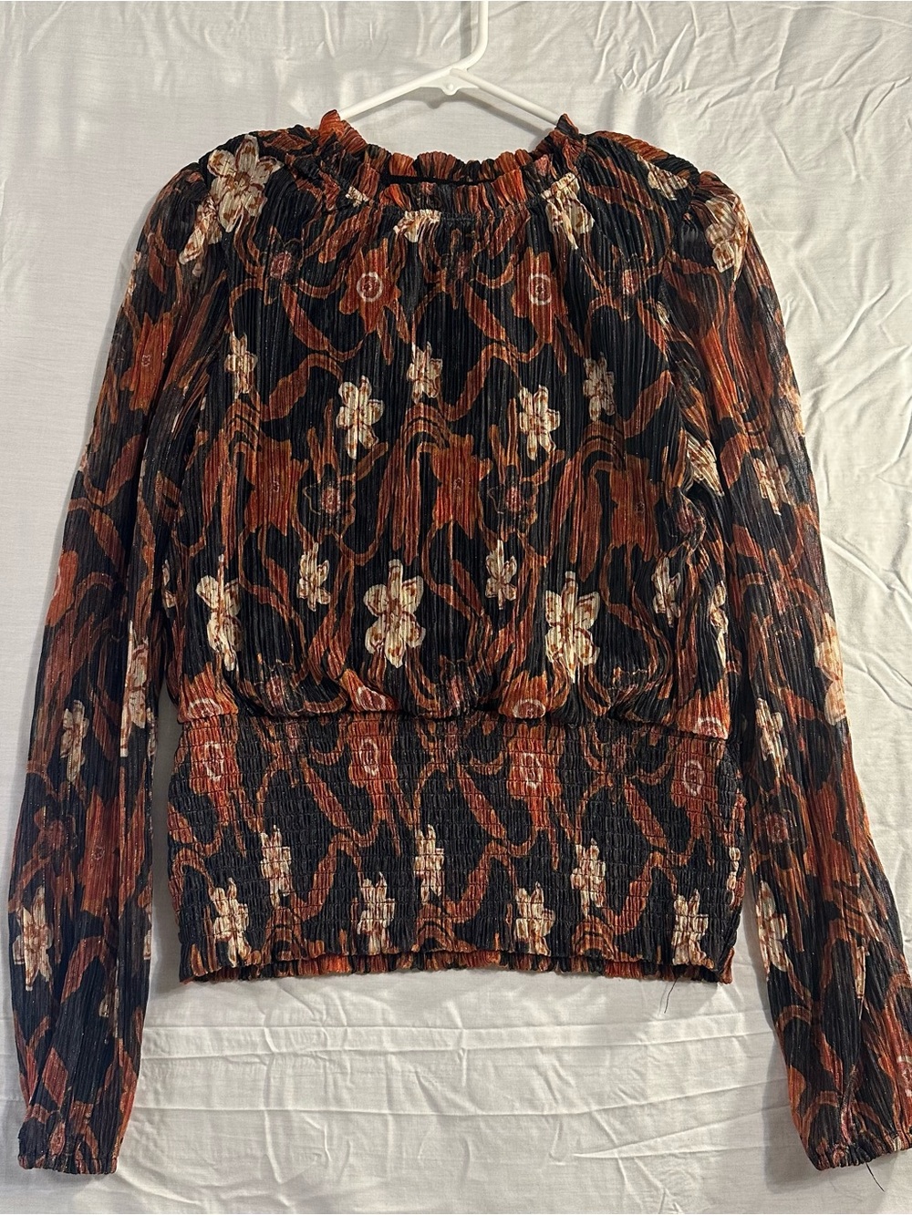 Joie Black Floral Smocked-Hem Long Sleeve Blouse